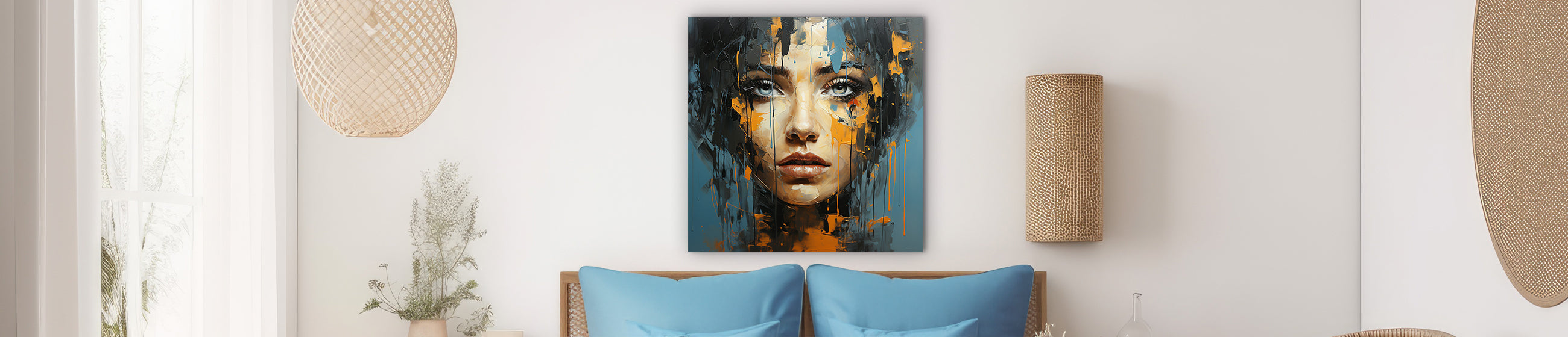 Abstraktes Porträt einer Frau mit intensiven blauen Augen und Farbspritzern in Orange und Blau, als modernes Wandbild über einem Bett mit blauen Kissen.