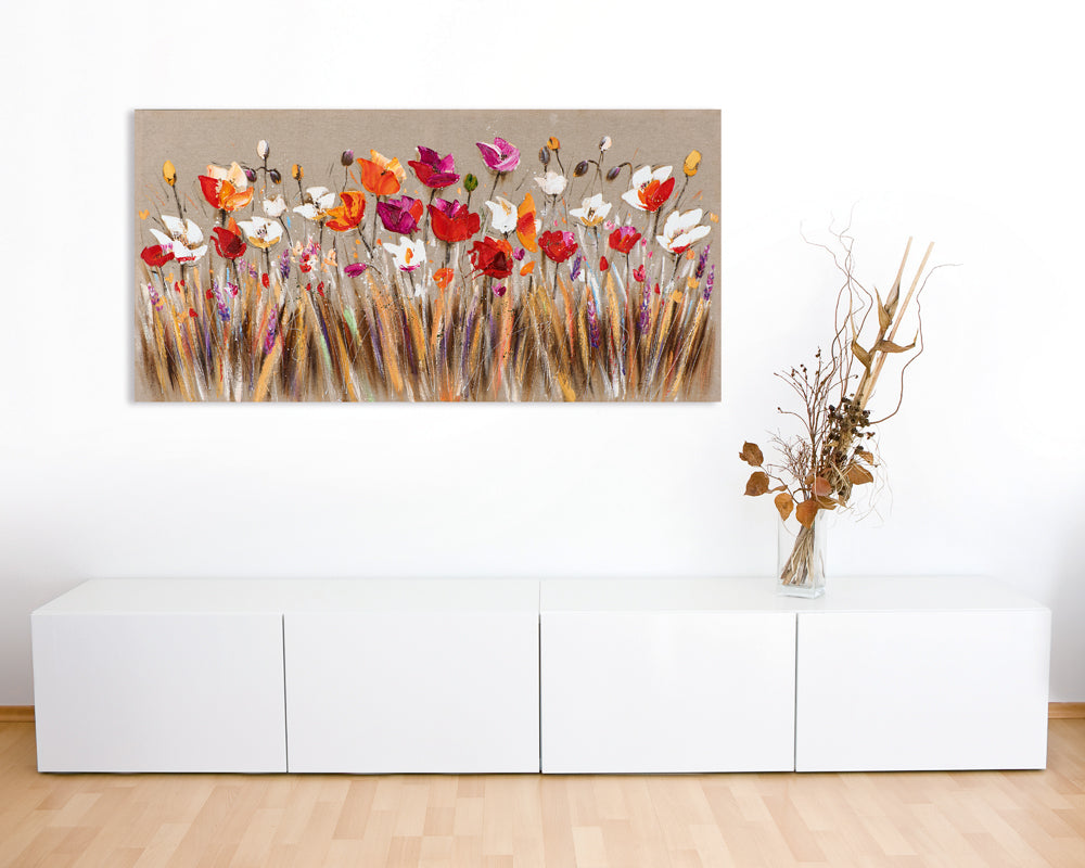 peinture d'un champ de fleurs colorées