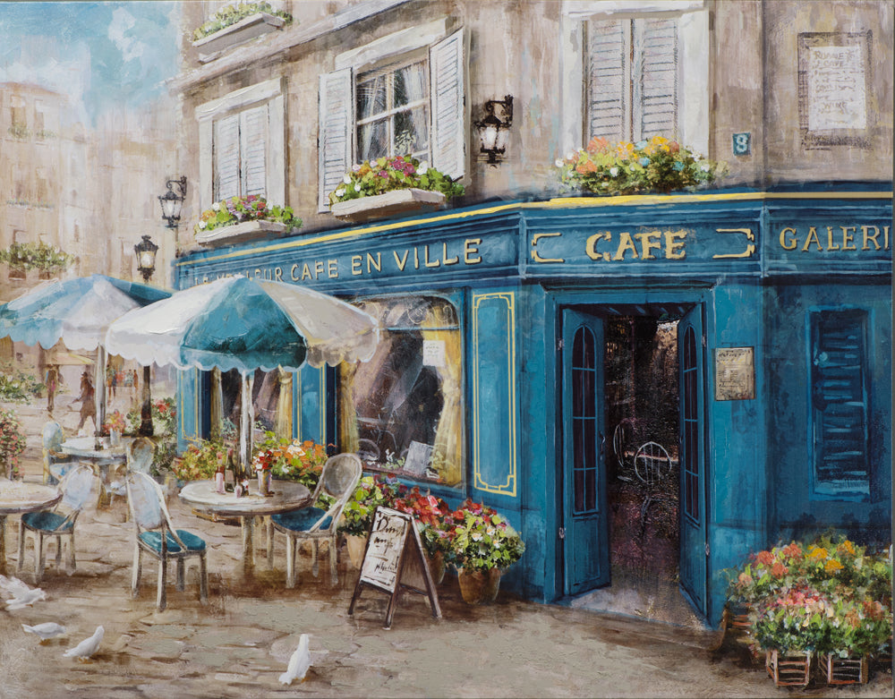 Peinture d'un café français en bleu