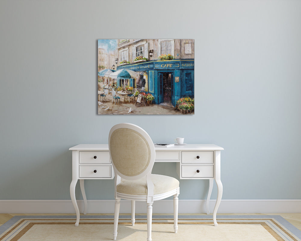 Peinture d'un café français en bleu