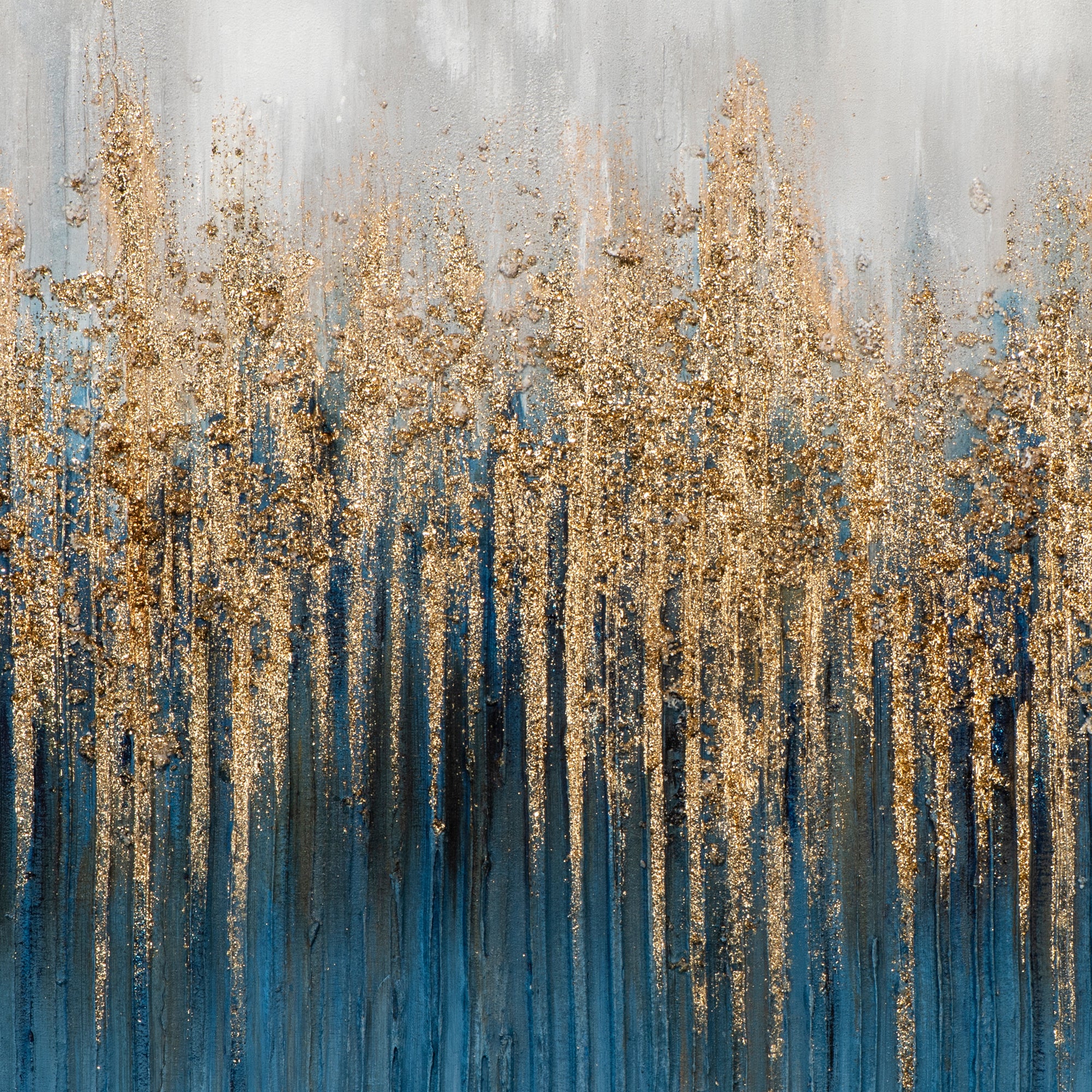 Peinture abstraite en paillettes bleues et dorées