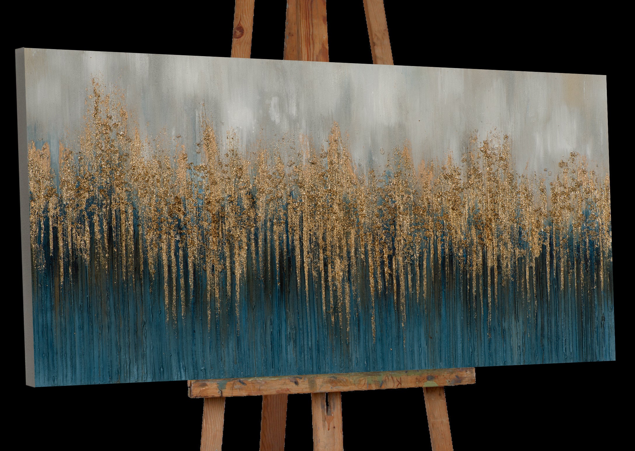 Peinture abstraite en paillettes bleues et dorées