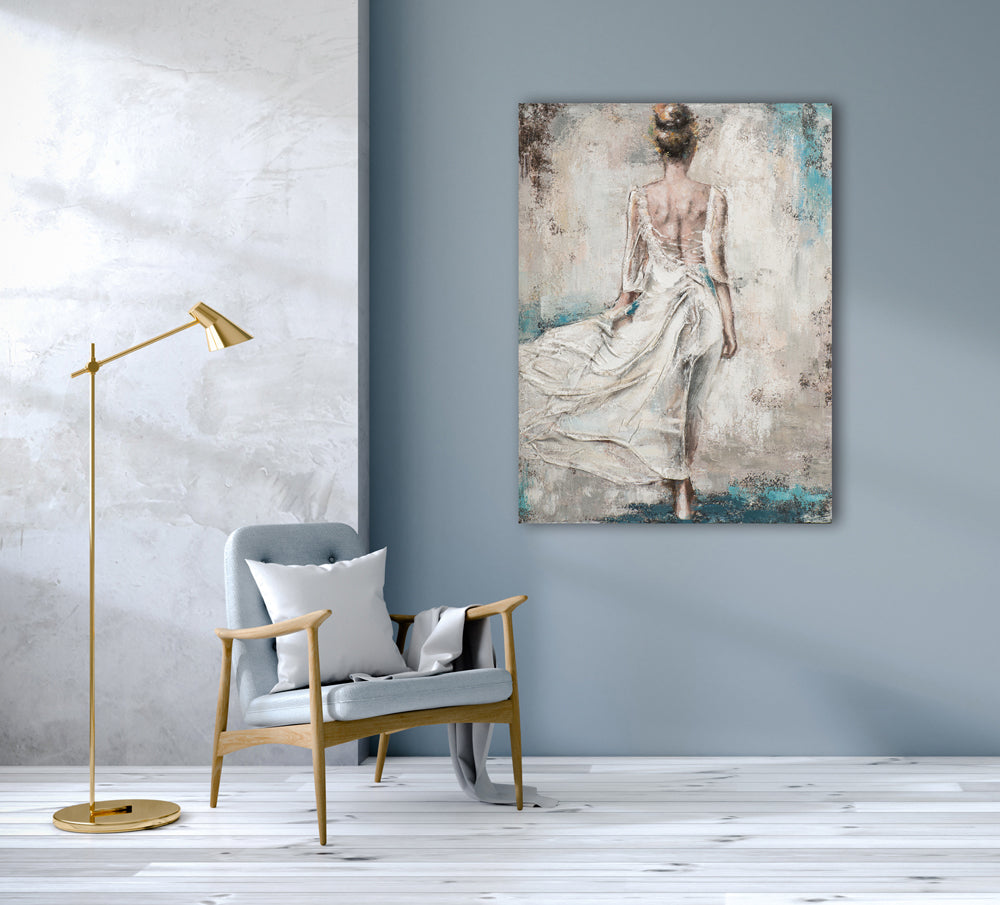 Painting Back View of Woman in White Dress