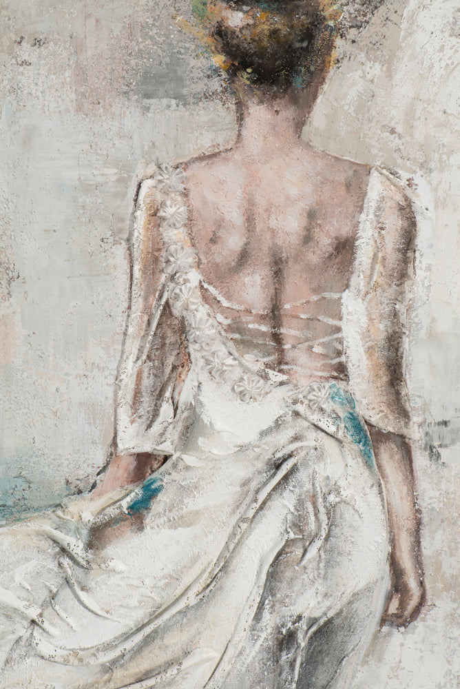 Painting Back View of Woman in White Dress