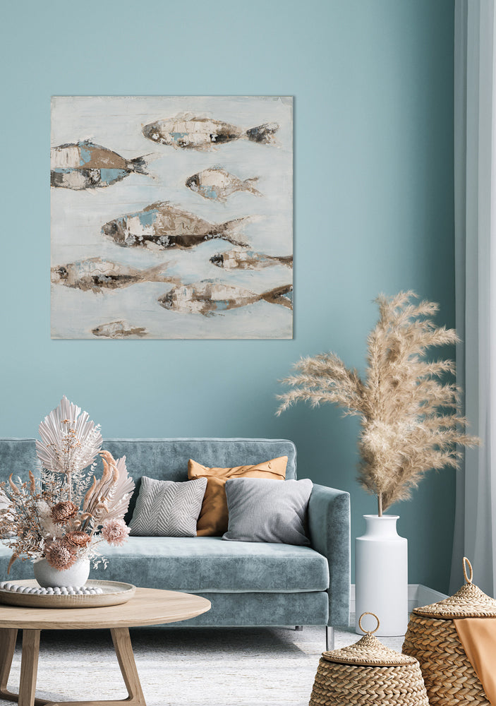 Gemälde Fischschwarm in Hellblau