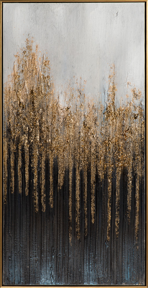 Peinture abstraite en paillettes bleues et dorées