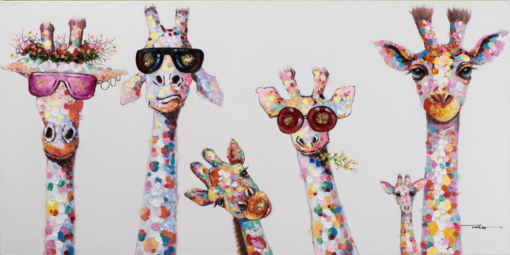 Peinture d'une famille de girafes curieuses