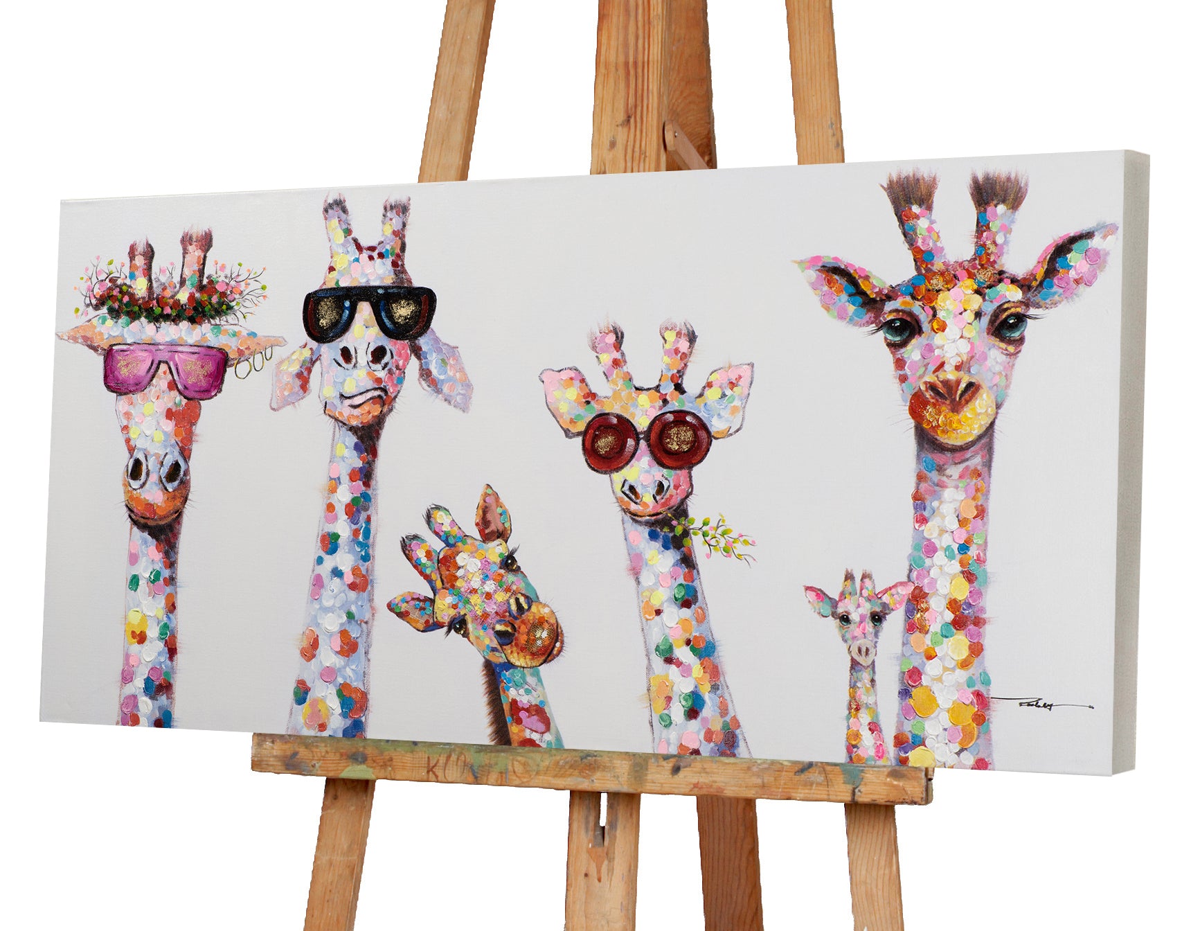 Peinture d'une famille de girafes curieuses