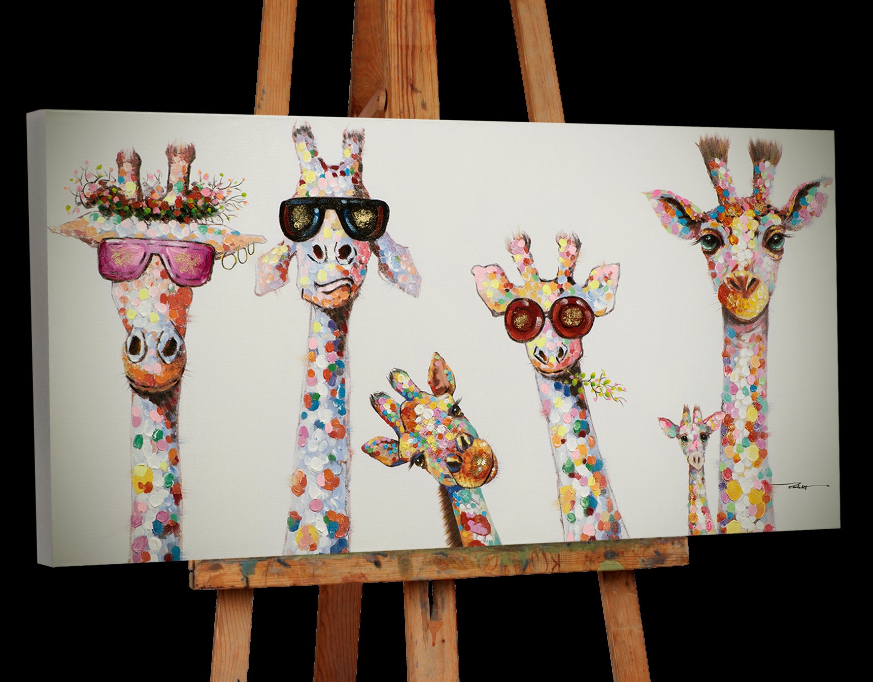 Peinture d'une famille de girafes curieuses