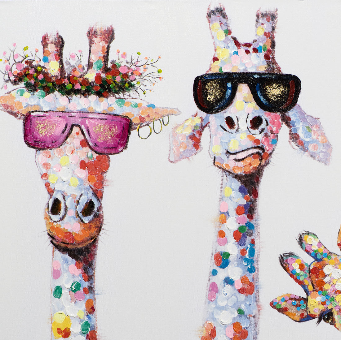 Peinture d'une famille de girafes curieuses