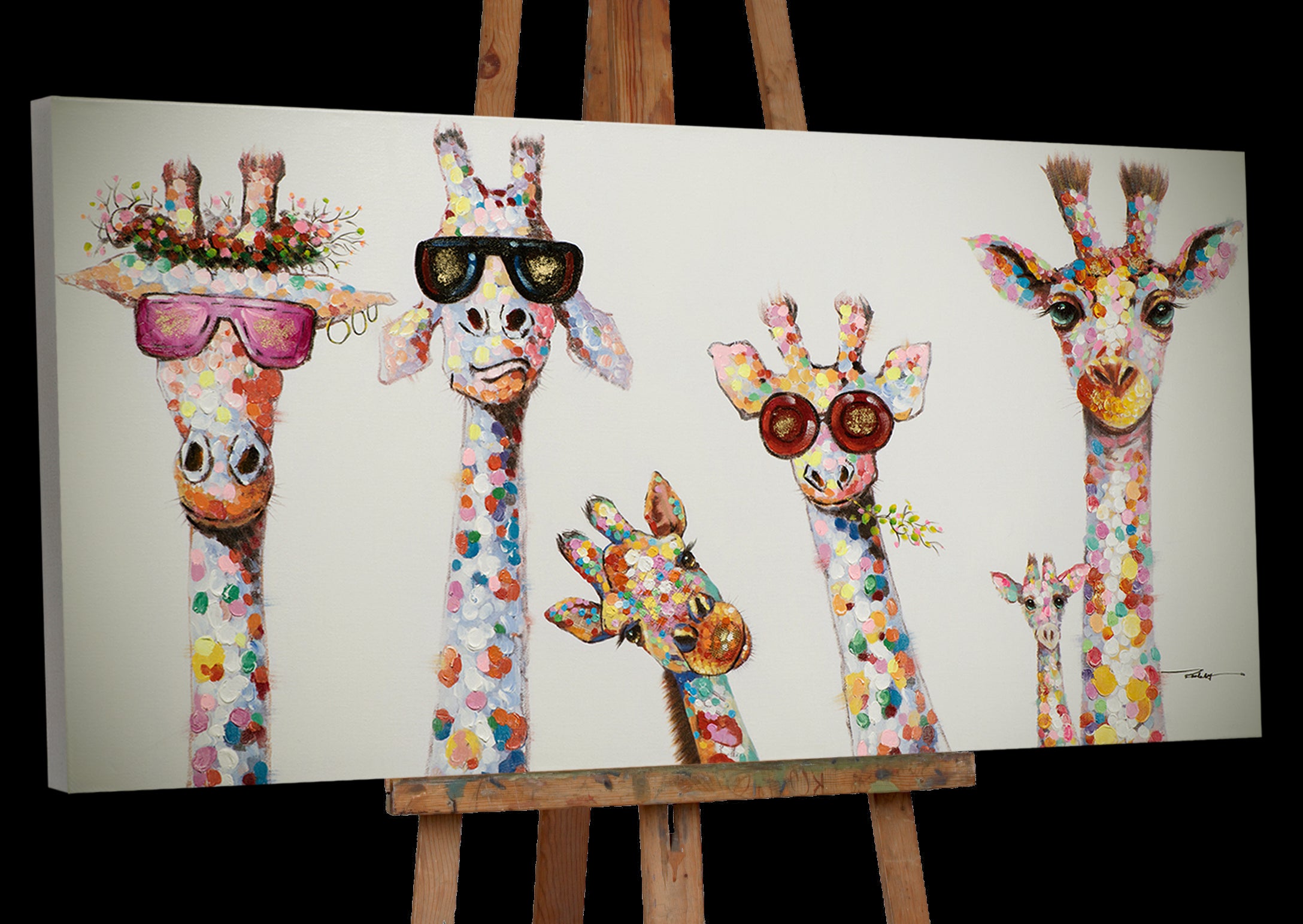 Peinture d'une famille de girafes curieuses