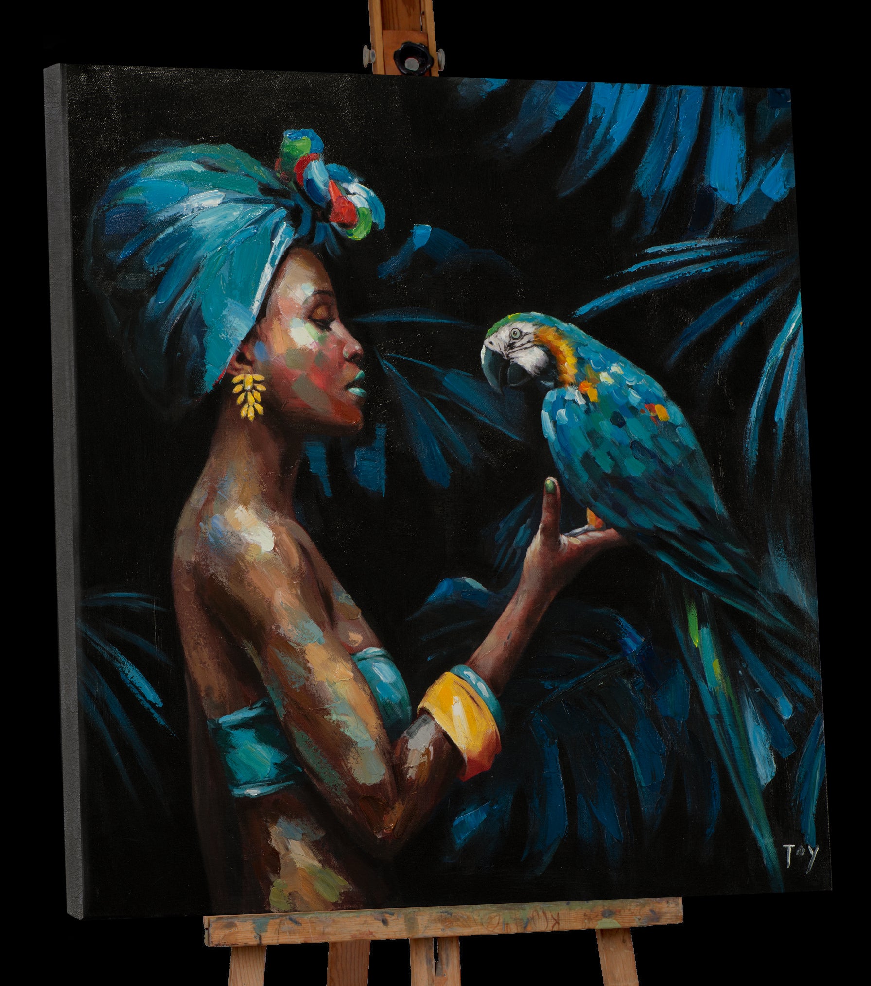 Gemälde Schönheit mit blauem Papagei