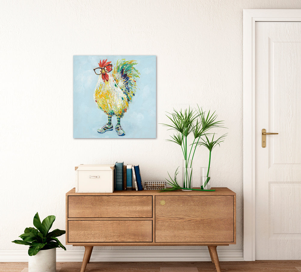 Peinture d'un coq fier avec des lunettes