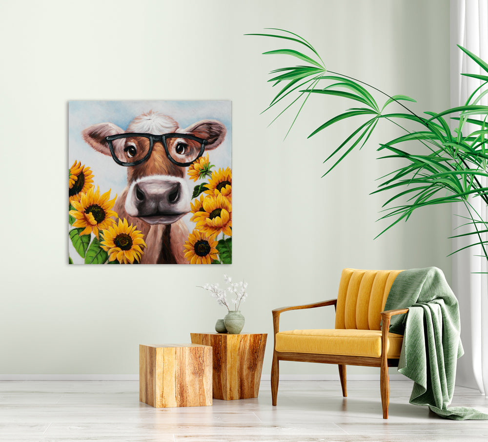 Gemälde Kuh mit Brille im Sonnenblumenfeld