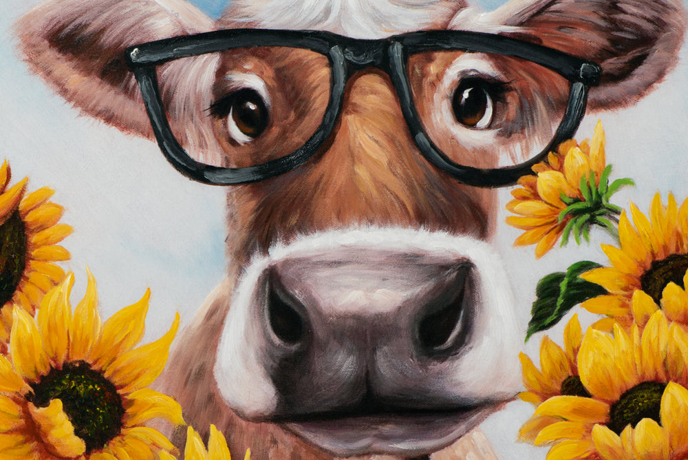 Gemälde Kuh mit Brille im Sonnenblumenfeld