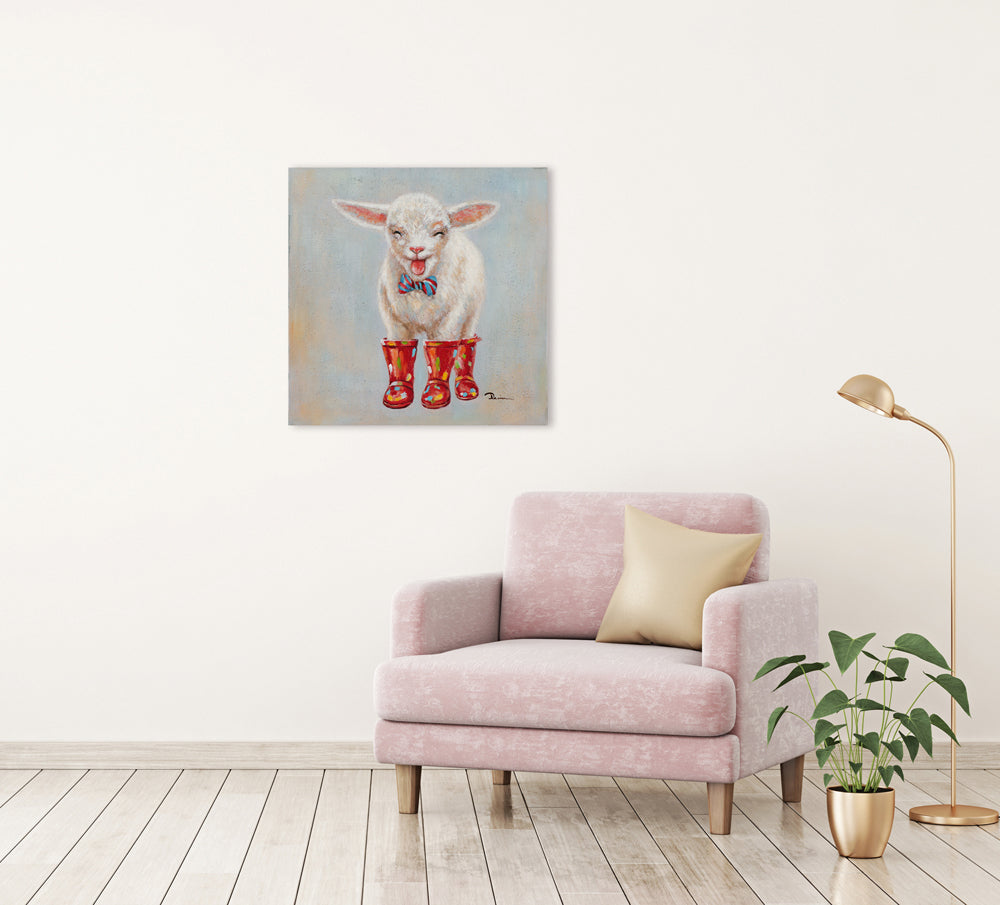Gemälde Lamm in roten Gummistiefeln