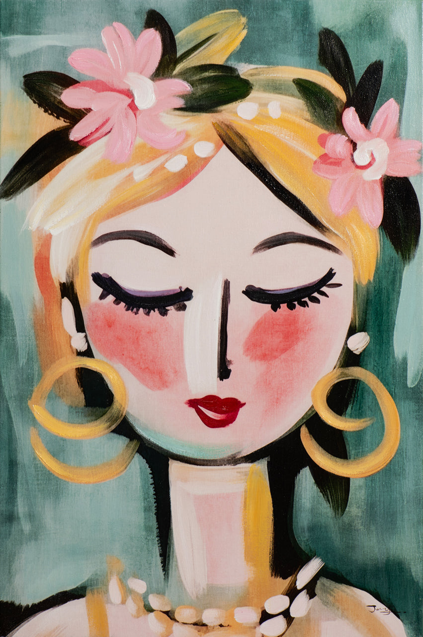 peinture Peinture naïve Fille verte