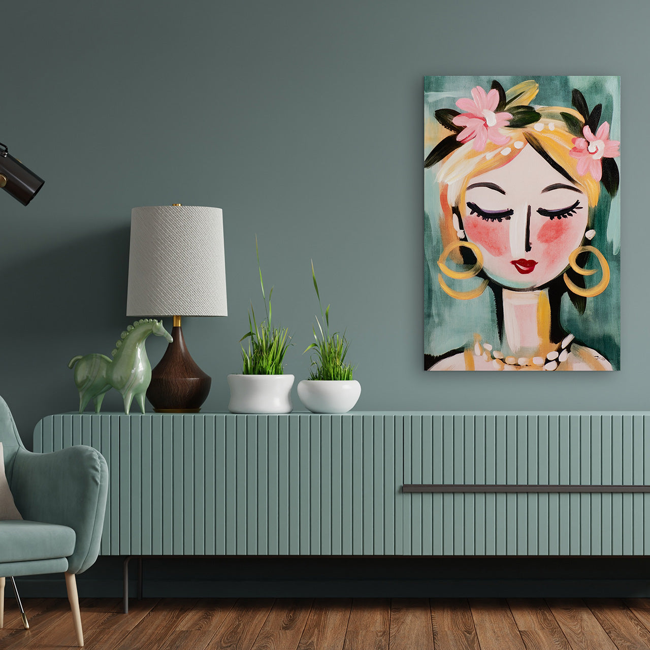 peinture Peinture naïve Fille verte