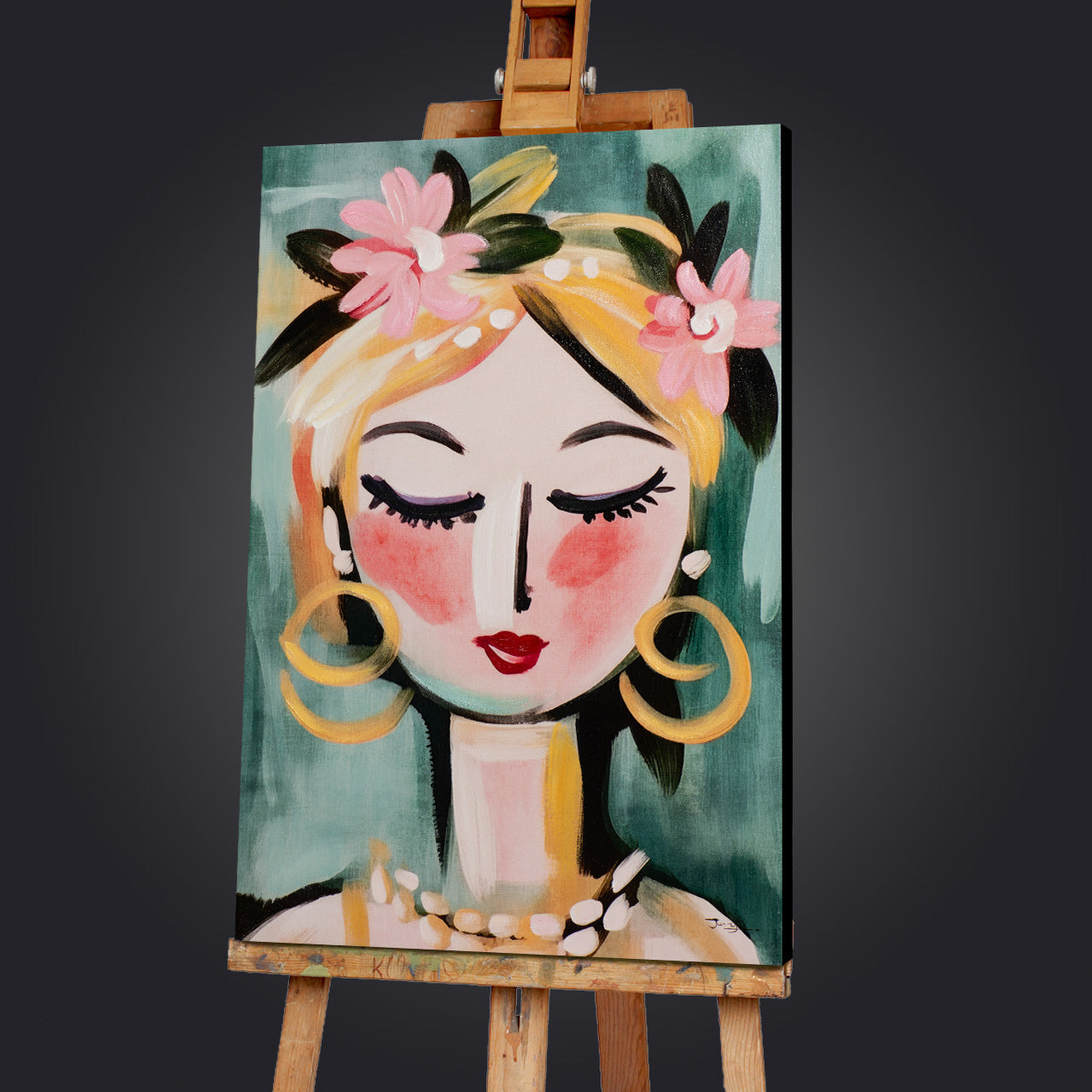 peinture Peinture naïve Fille verte