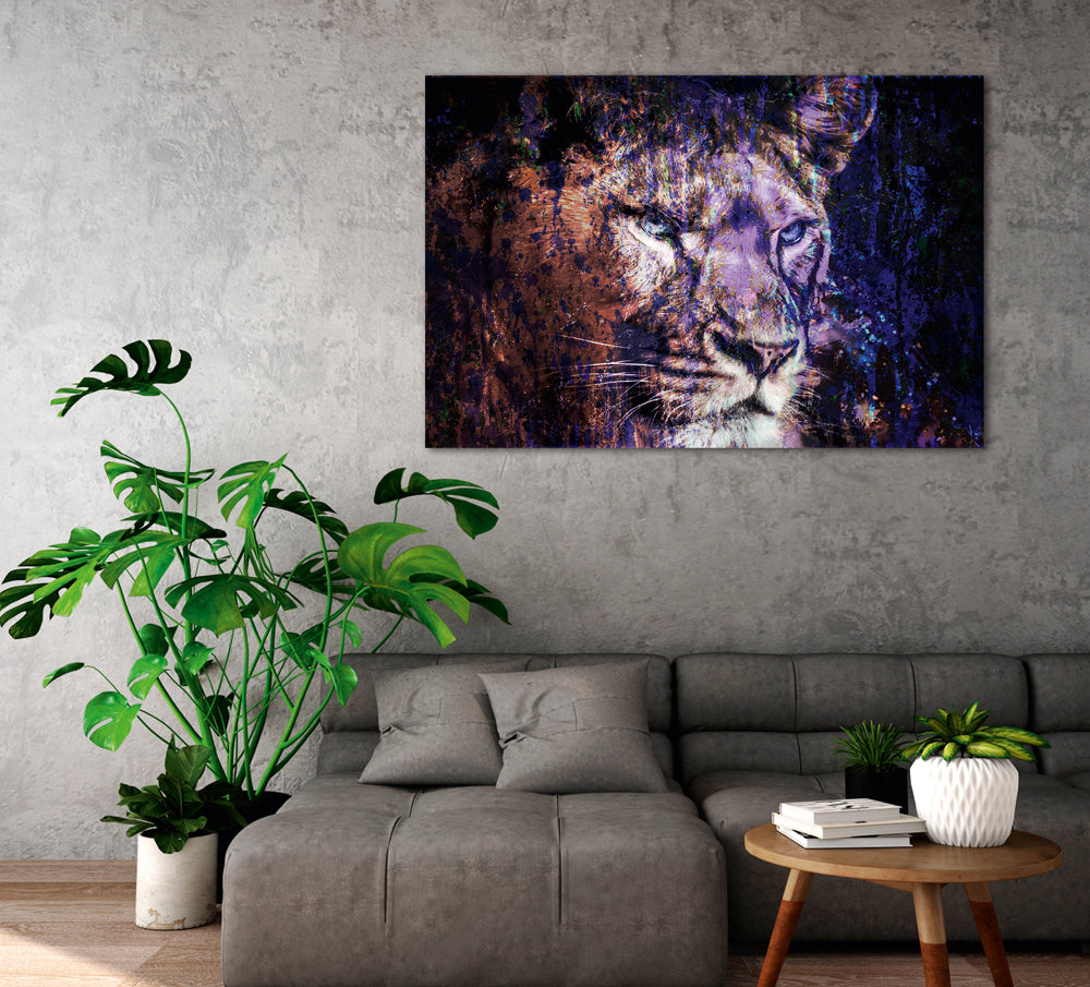 Tableau acoustique Lion en bleu