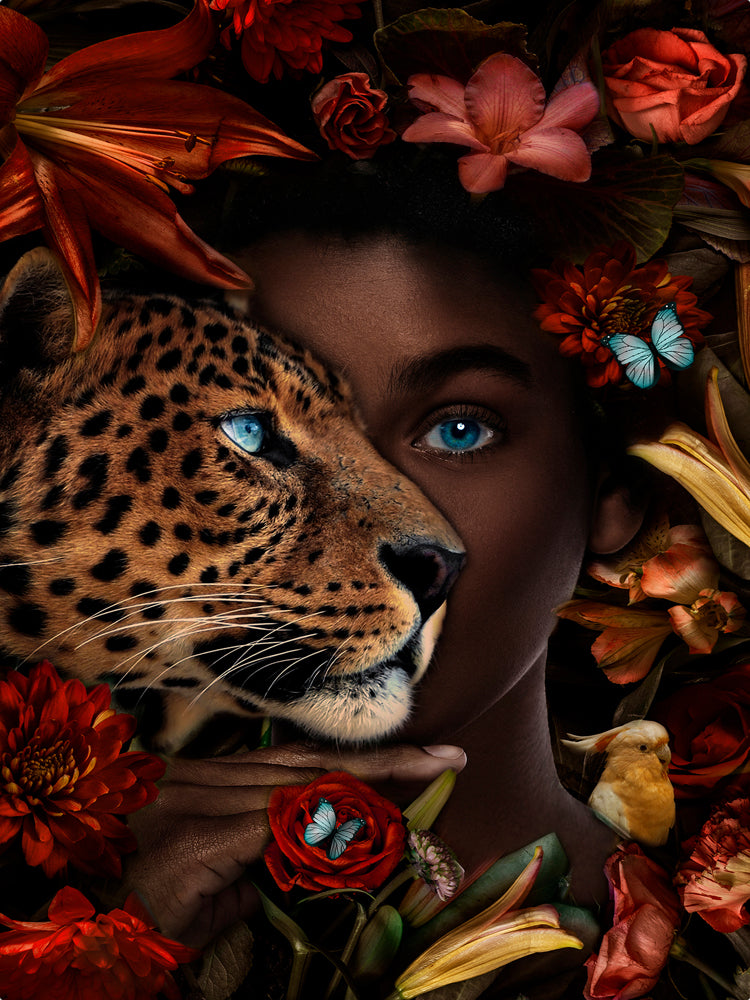 Glass Picture Lady with Leopard