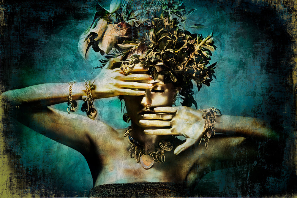 Tableau en verre Golden Beauty avec décoration de feuilles