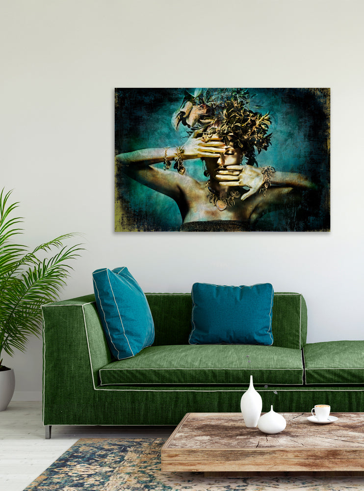 Tableau en verre Golden Beauty avec décoration de feuilles