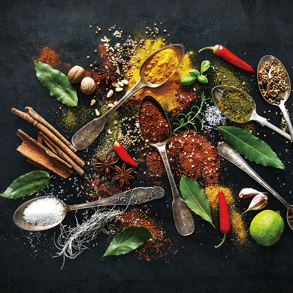 Glass picture Antique wooden spoons with spices