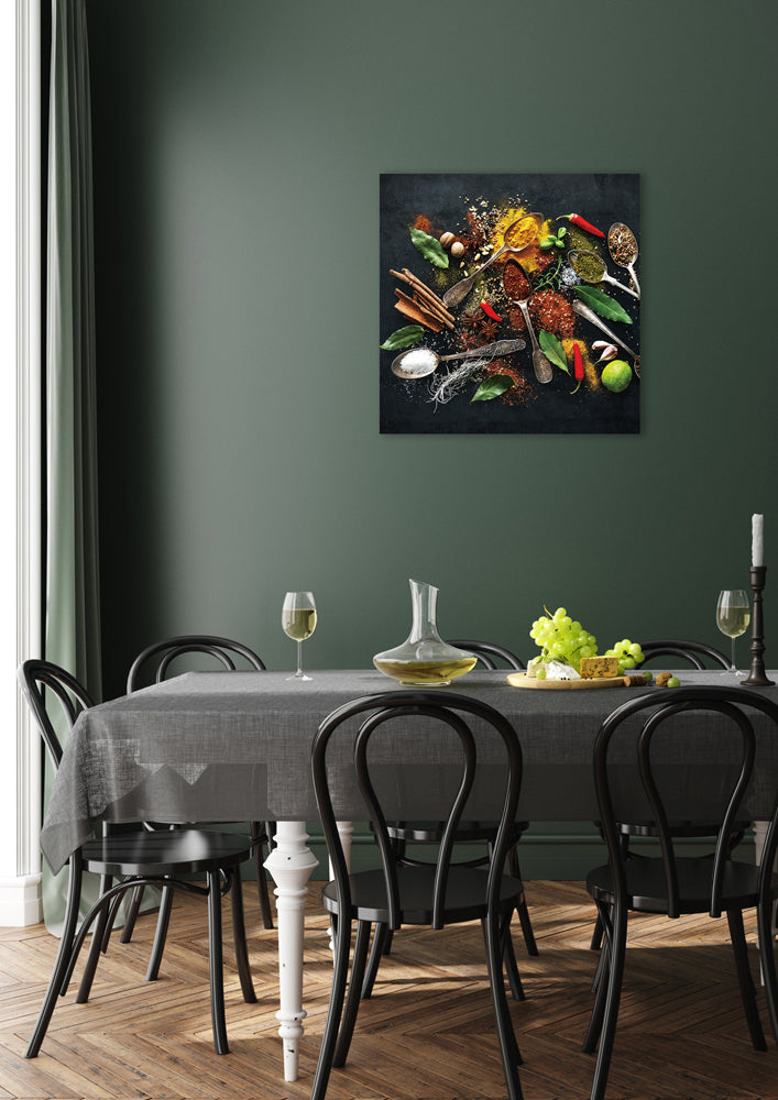 Glass picture Antique wooden spoons with spices