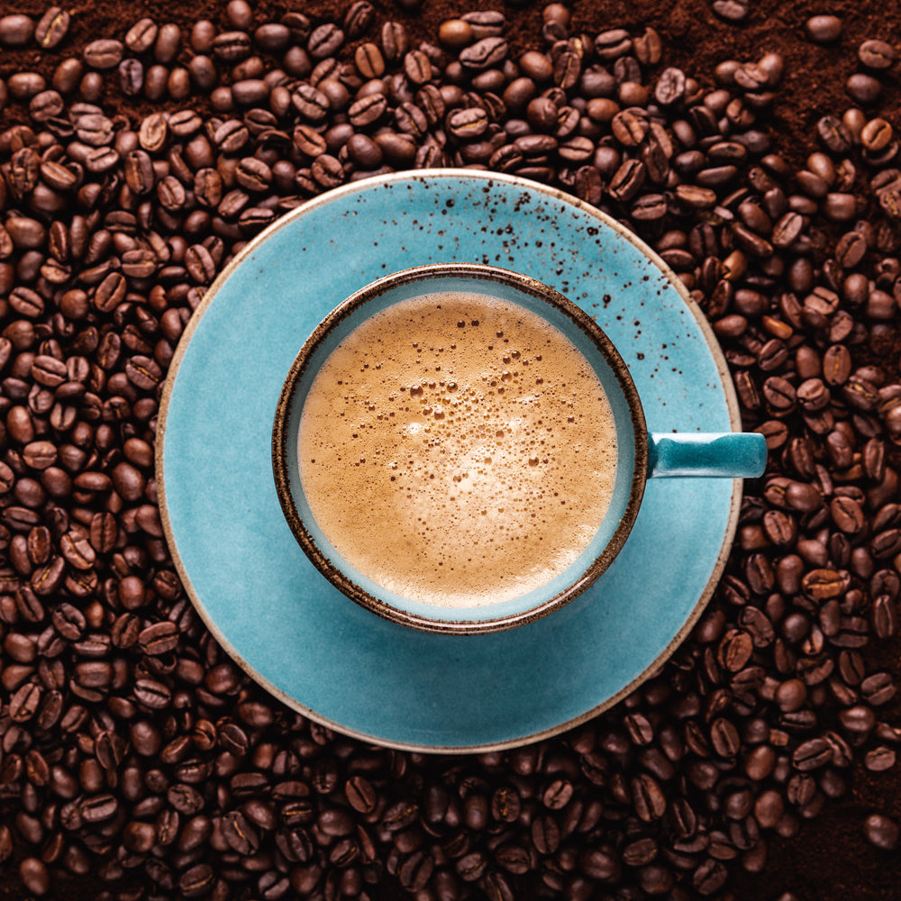 Blue coffee cup from above