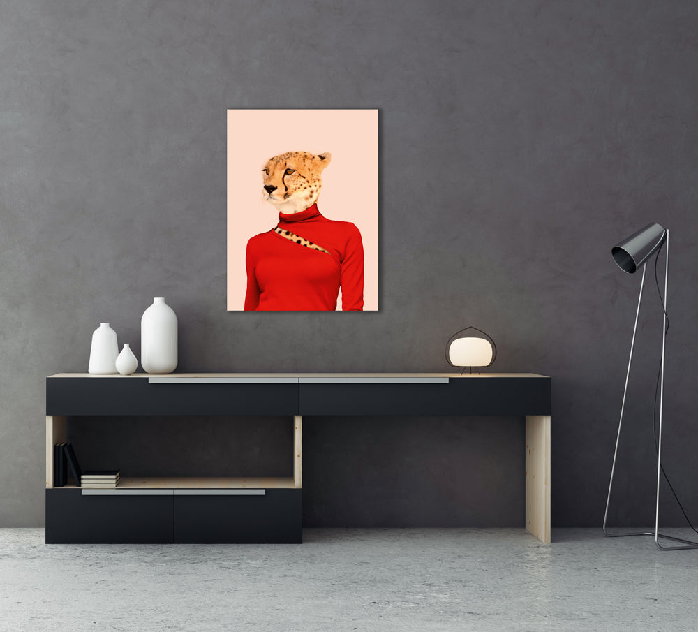 cheetah in red sweater