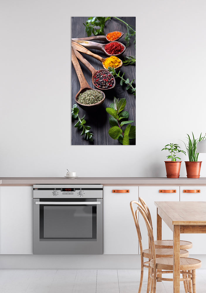 Glass picture Wooden spoon with spices