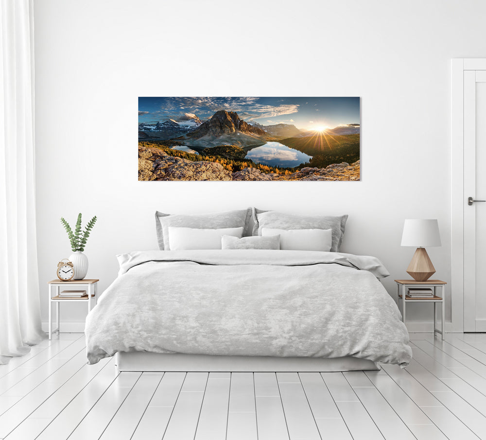 Tableau en verre panorama de montagne avec lac