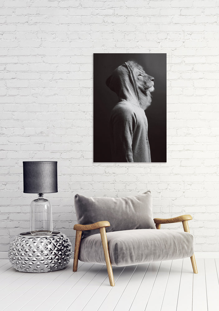 Tableau en verre représentant un lion portant un sweat à capuche