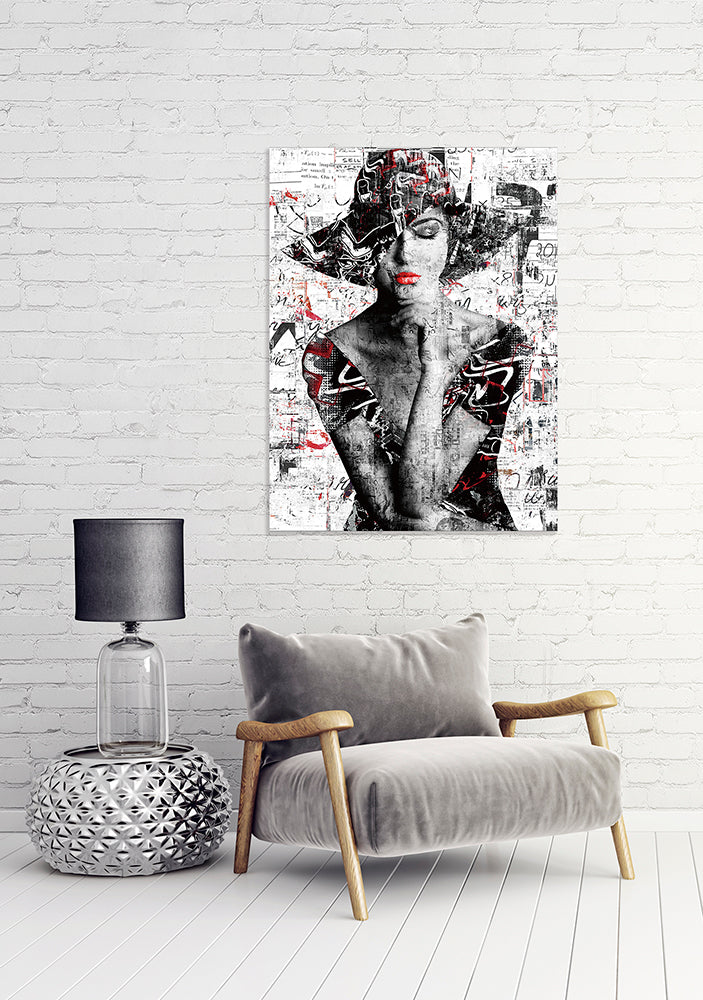 Tableau sur verre contraste noir et blanc street art "chapeau souple des années 70"