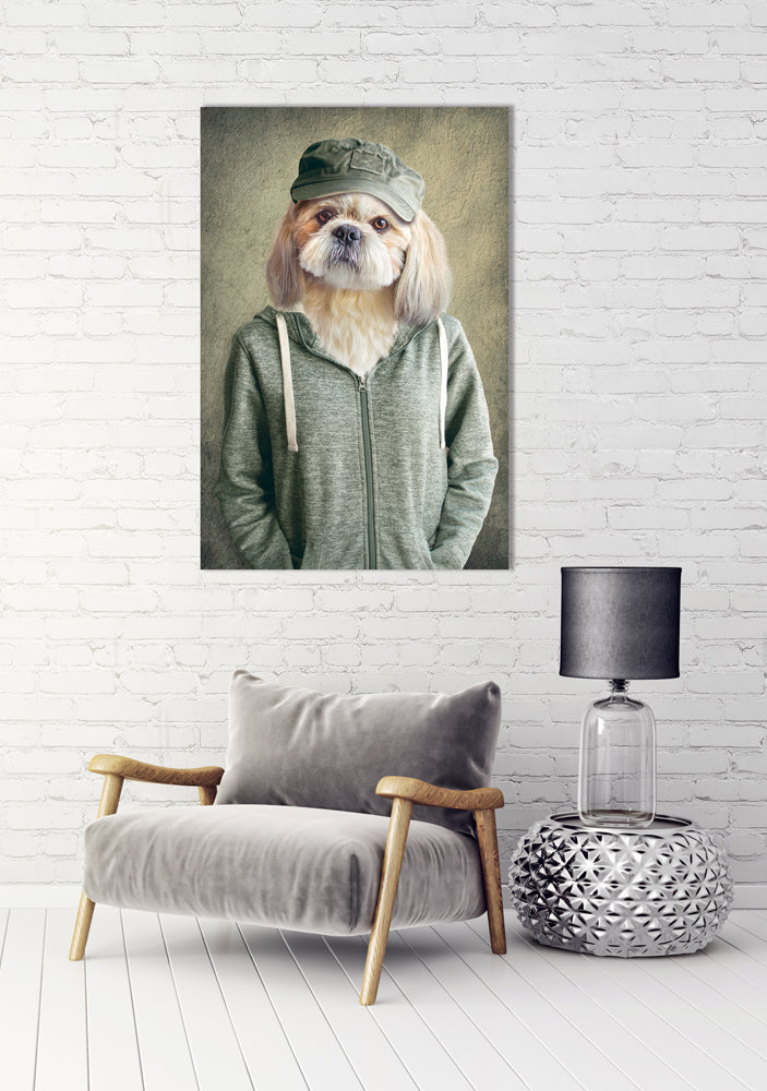 Acrylglasbild Witziger Hund mit Jacke