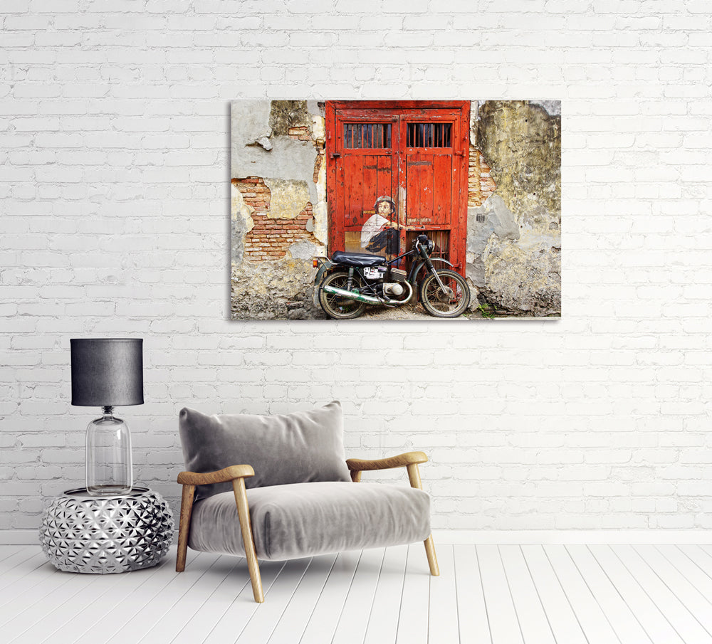 Tableau en verre acrylique Street Art avec cyclomoteur