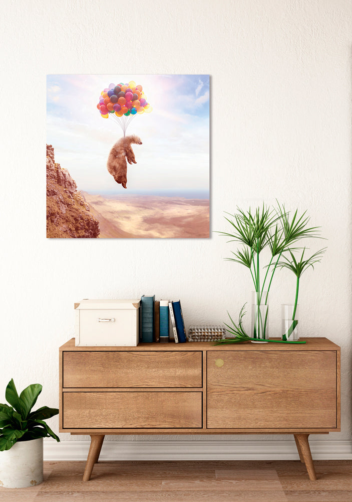 Acrylglasbild Fliegender Bär an Luftballons
