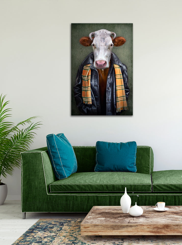 Acrylglasbild Rind mit Lederjacke