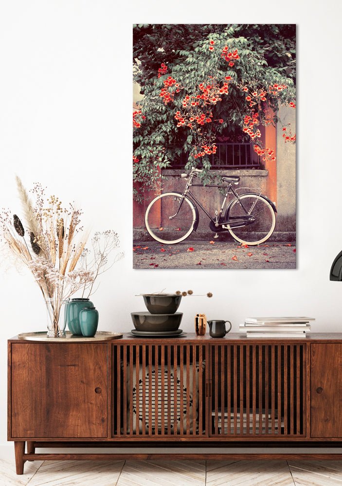 Acrylglasbild Fahrrad unter roten Blüten