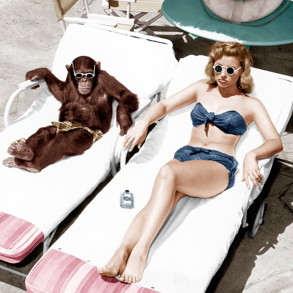 Acrylglasbild Badenixe mit Schimpanse