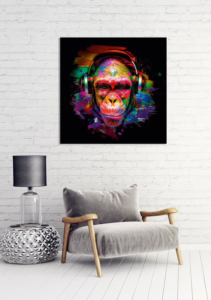 Acrylglasbild Pop Art Schimpanse mit Kopfhörern