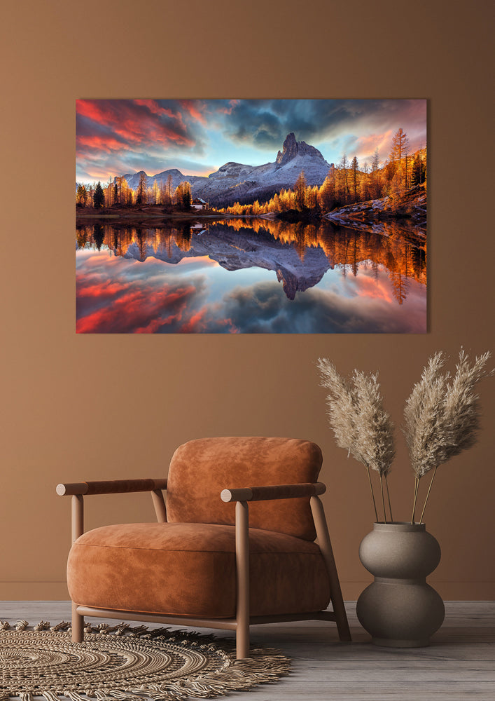 Acrylglasbild Spiegelnde Berge im Sonnenaufgang