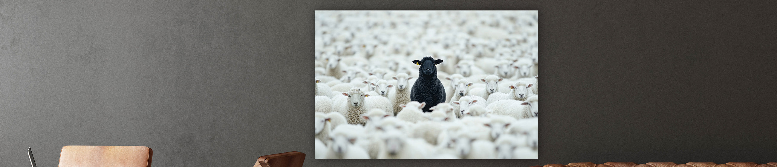 Fotokunst mit einem schwarzen Schaf inmitten einer großen Herde weißer Schafe, aufgehängt an einer grauen Wand über einem Ledersofa.