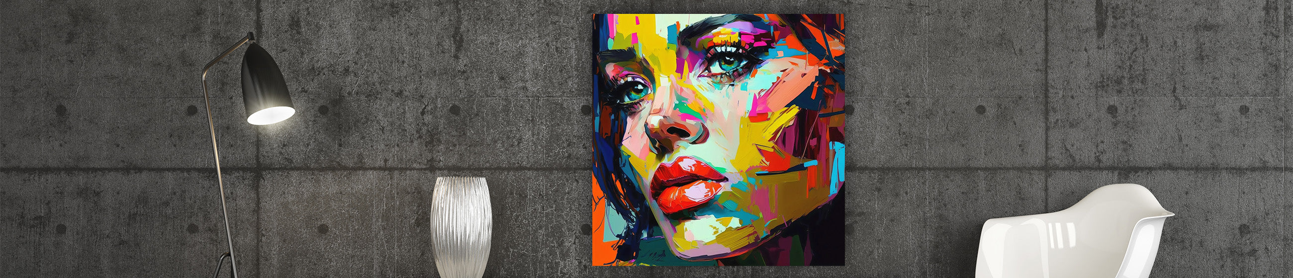 Farbenfrohes abstraktes Porträt einer Frau mit roten Lippen und intensiven Augen, als modernes Wandbild auf grauer Betonwand neben Designerstuhl und Stehlampe.