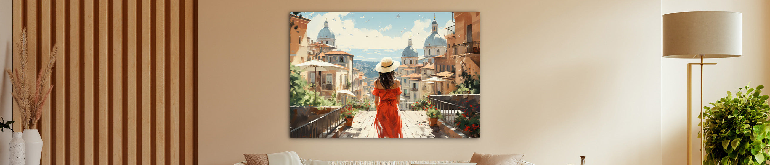Gemälde einer Frau im roten Kleid mit Strohhut, die auf eine mediterrane Stadt mit Kuppeln und Meerblick schaut, als dekoratives Wandbild in einem modernen Wohnzimmer.