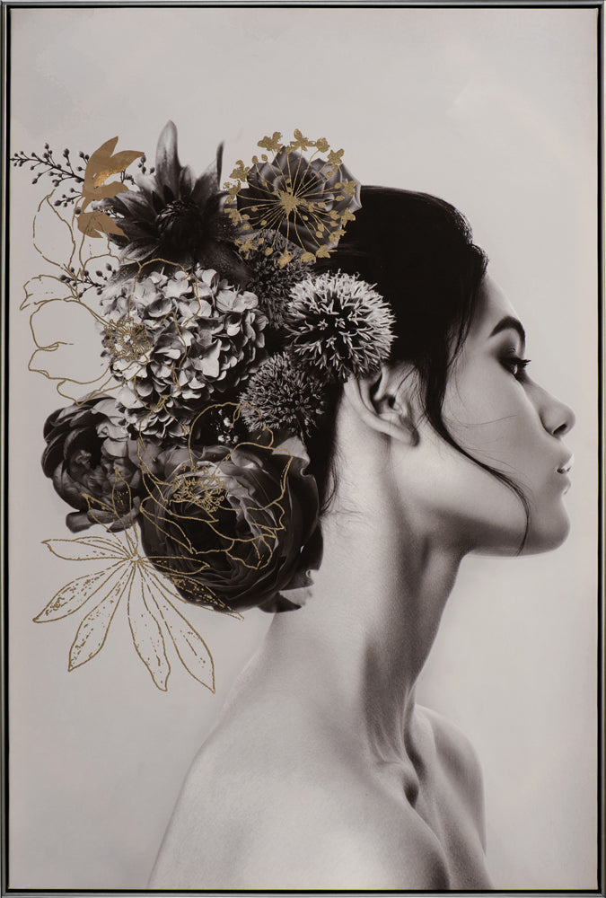 Painting Lady with Black Hair and Flowers