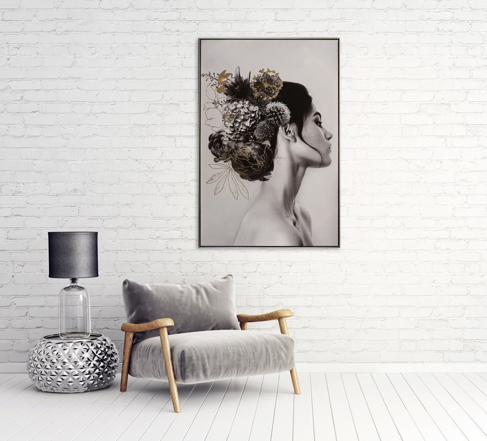 Painting Lady with Black Hair and Flowers