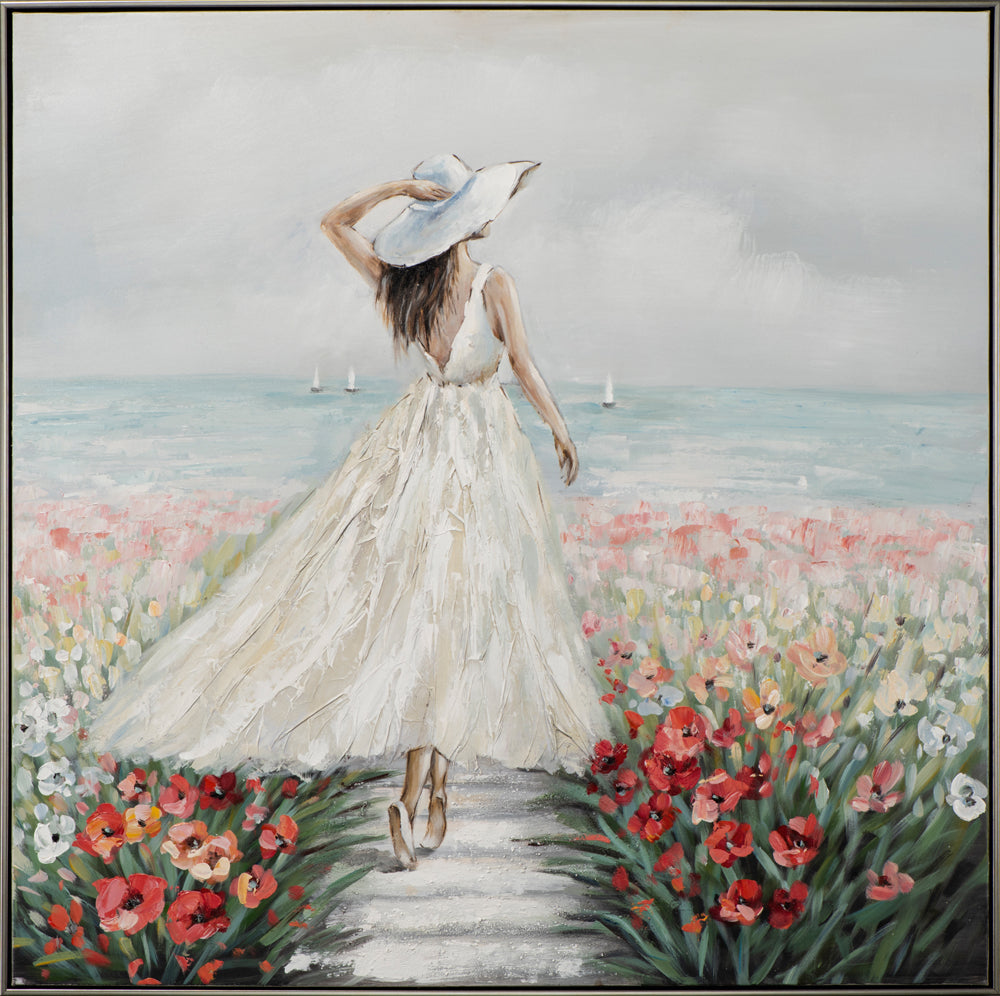 Painting Woman in Sea of ​​Flowers in White Dress