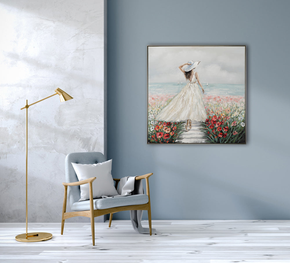 Painting Woman in Sea of ​​Flowers in White Dress